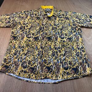 Stacy Adams Animal Print Button Up Shirt Mens XXL Yellow Bold